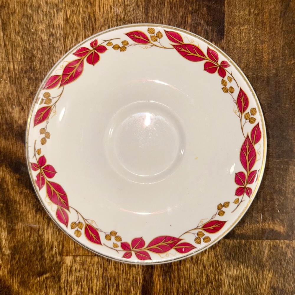 Maddock Teacup Saucer, Ultra Vitrified, Made in England, Leaf Gold Rim